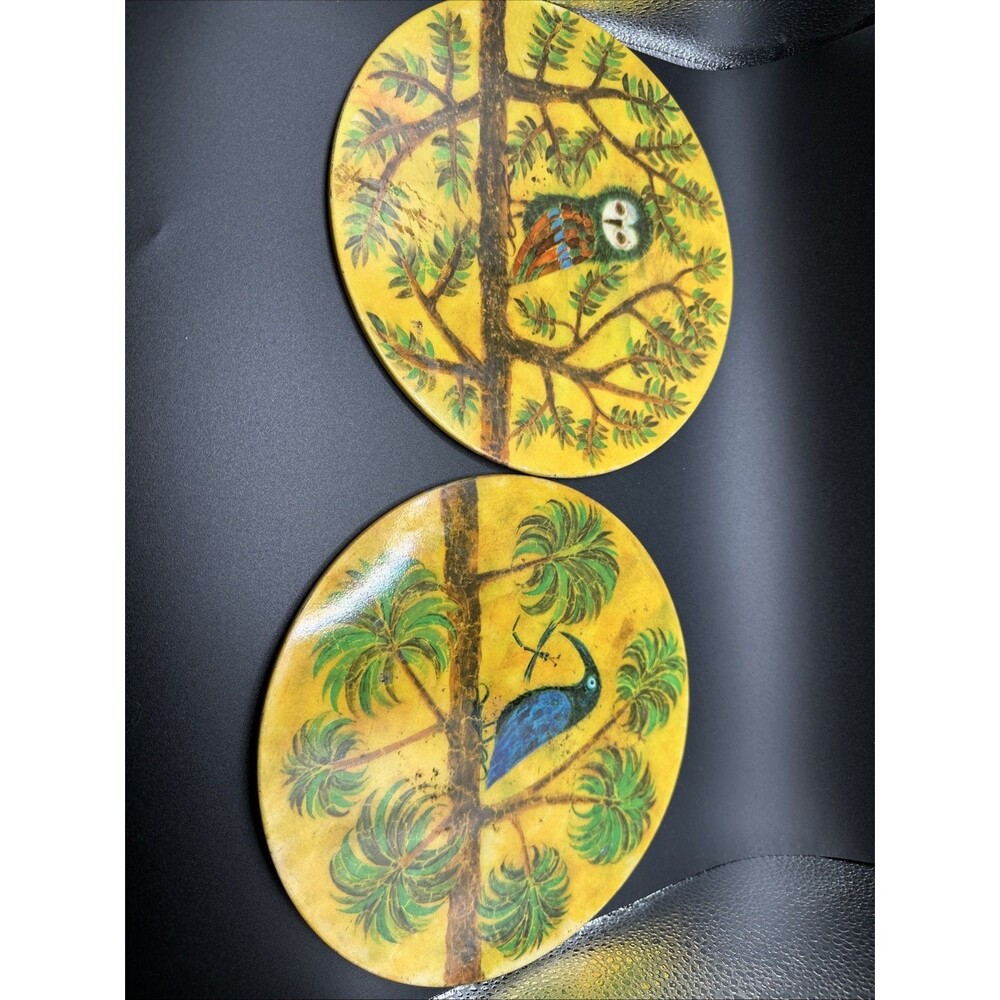 X2 Lot Painted Bird Plate Dish Cork Back Vintage Antique Blue Bird / Owl Set 8”